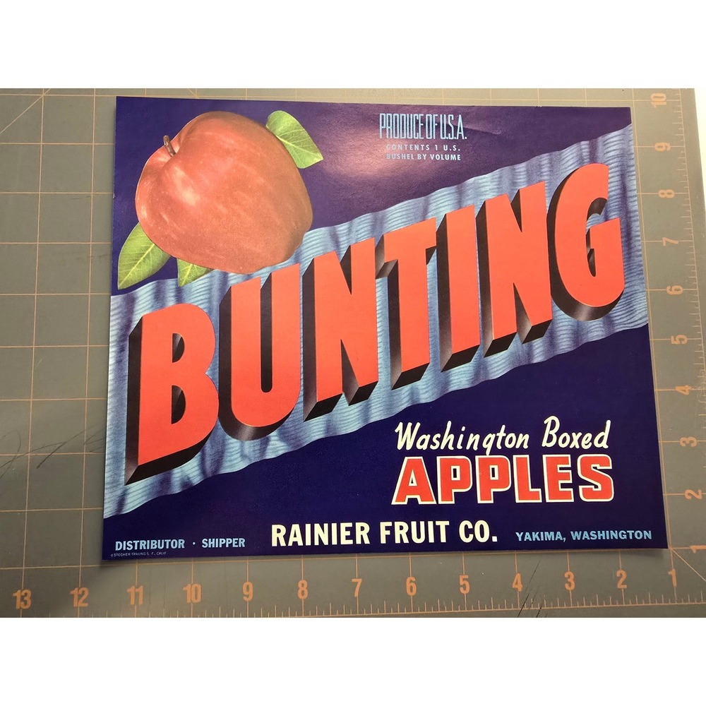 Vintage Bunting Washington Boxed Apples Rainier‎ Fruit Co. Produce Crate Label